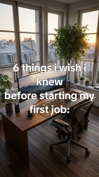 6 things I wish I knew before my first job - office details, lanyard on a desk, first-day notebook, lift lobby, muted co