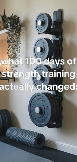 What 100 days of strength training actually changed - the same corner of a home gym across seasons, worn shoes, loaded b