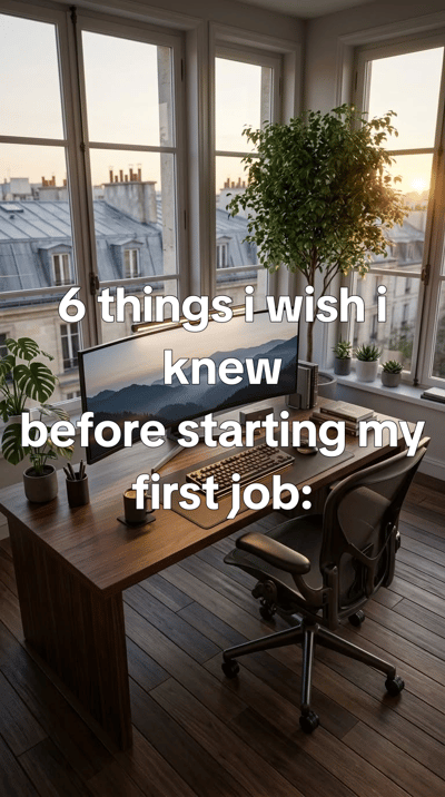 6 things I wish I knew before my first job - office details, lanyard on a desk, first-day notebook, lift lobby, muted co — slide 1