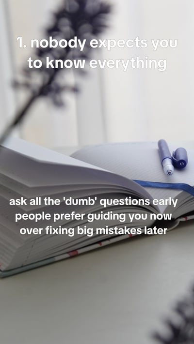 6 things I wish I knew before my first job - office details, lanyard on a desk, first-day notebook, lift lobby, muted co — slide 2