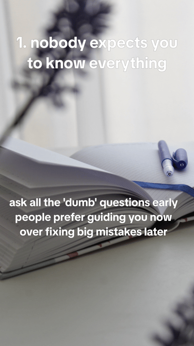 6 things I wish I knew before my first job - office details, lanyard on a desk, first-day notebook, lift lobby, muted co — slide 2