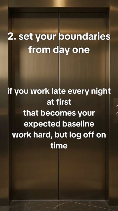 6 things I wish I knew before my first job - office details, lanyard on a desk, first-day notebook, lift lobby, muted co — slide 3