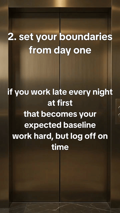 6 things I wish I knew before my first job - office details, lanyard on a desk, first-day notebook, lift lobby, muted co — slide 3