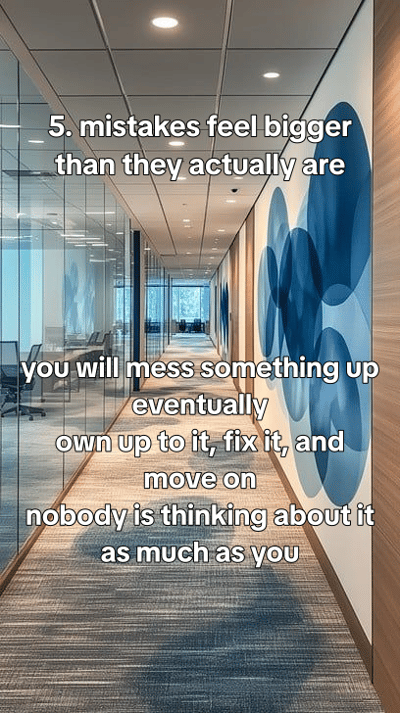 6 things I wish I knew before my first job - office details, lanyard on a desk, first-day notebook, lift lobby, muted co — slide 6