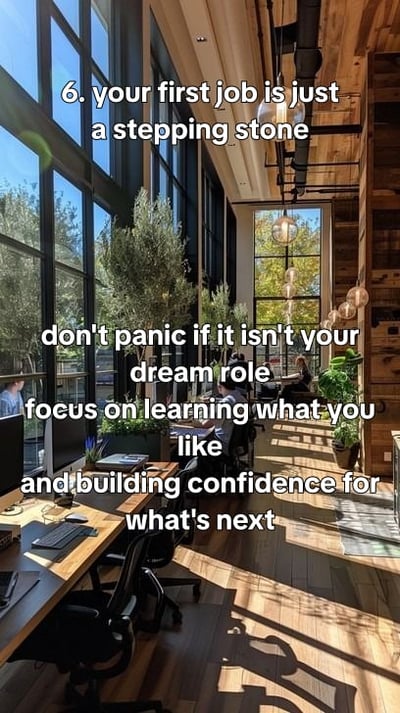 6 things I wish I knew before my first job - office details, lanyard on a desk, first-day notebook, lift lobby, muted co — slide 7