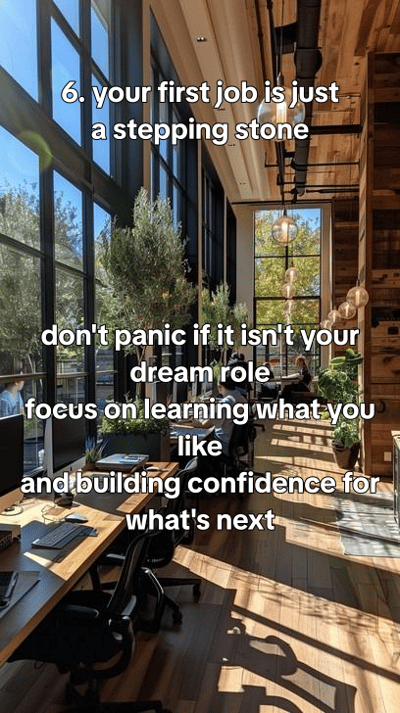6 things I wish I knew before my first job - office details, lanyard on a desk, first-day notebook, lift lobby, muted co — slide 7