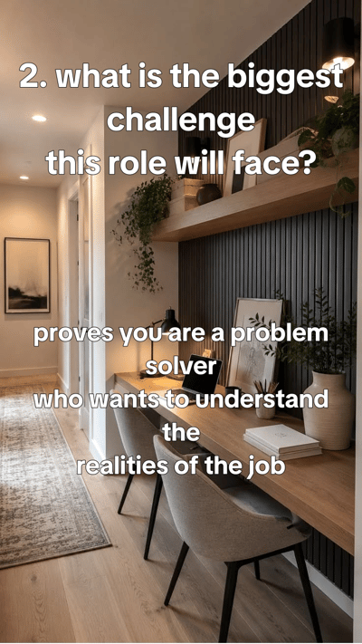 Questions to ask in every interview - clean meeting-room stills, two chairs, glass wall, notepad and pen, neutral greys, — slide 3