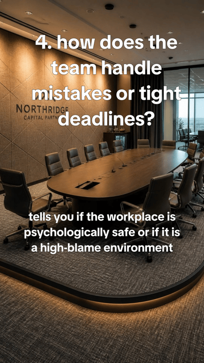 Questions to ask in every interview - clean meeting-room stills, two chairs, glass wall, notepad and pen, neutral greys, — slide 5