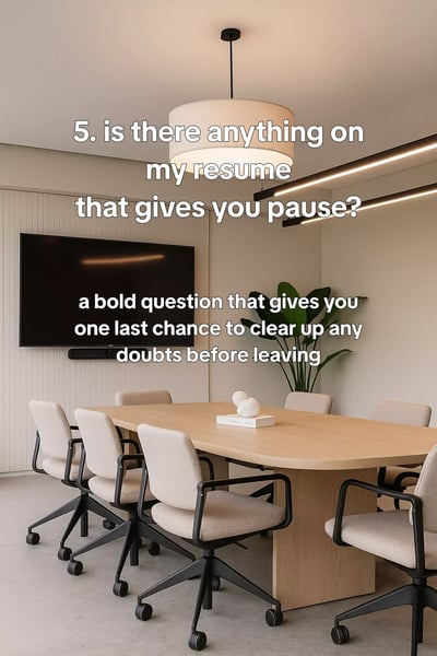 Questions to ask in every interview - clean meeting-room stills, two chairs, glass wall, notepad and pen, neutral greys, — slide 6