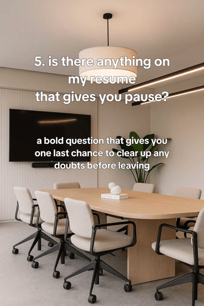 Questions to ask in every interview - clean meeting-room stills, two chairs, glass wall, notepad and pen, neutral greys, — slide 6