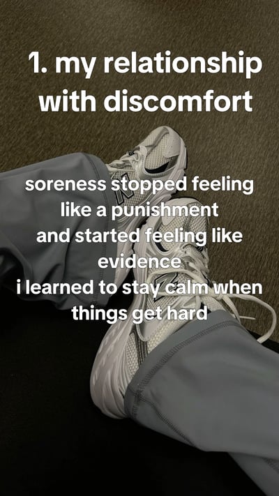 What 100 days of strength training actually changed - the same corner of a home gym across seasons, worn shoes, loaded b — slide 2