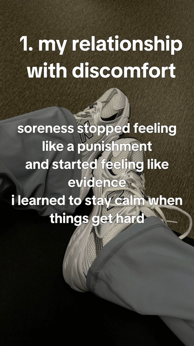 What 100 days of strength training actually changed - the same corner of a home gym across seasons, worn shoes, loaded b — slide 2