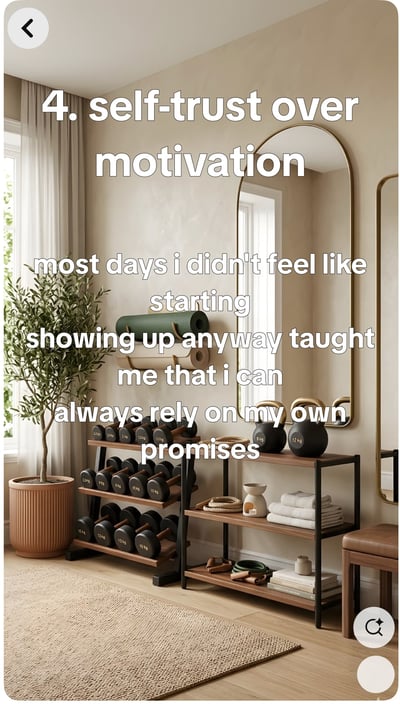 What 100 days of strength training actually changed - the same corner of a home gym across seasons, worn shoes, loaded b — slide 5