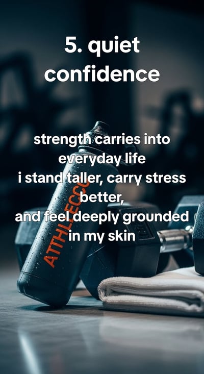 What 100 days of strength training actually changed - the same corner of a home gym across seasons, worn shoes, loaded b — slide 6