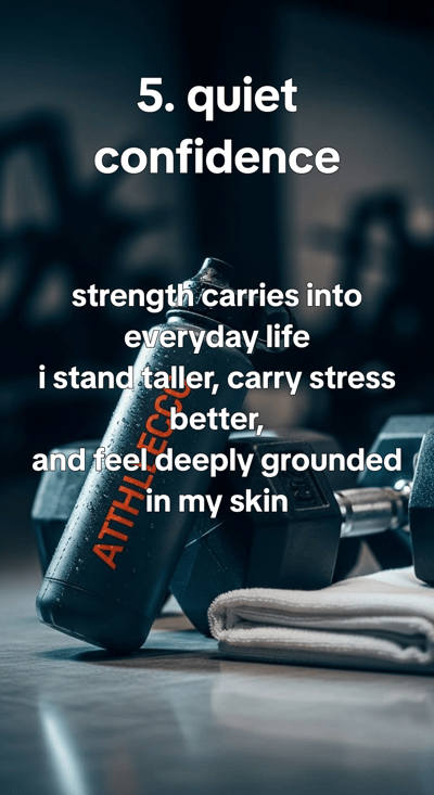What 100 days of strength training actually changed - the same corner of a home gym across seasons, worn shoes, loaded b — slide 6