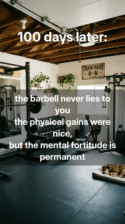 What 100 days of strength training actually changed - the same corner of a home gym across seasons, worn shoes, loaded b — slide 7