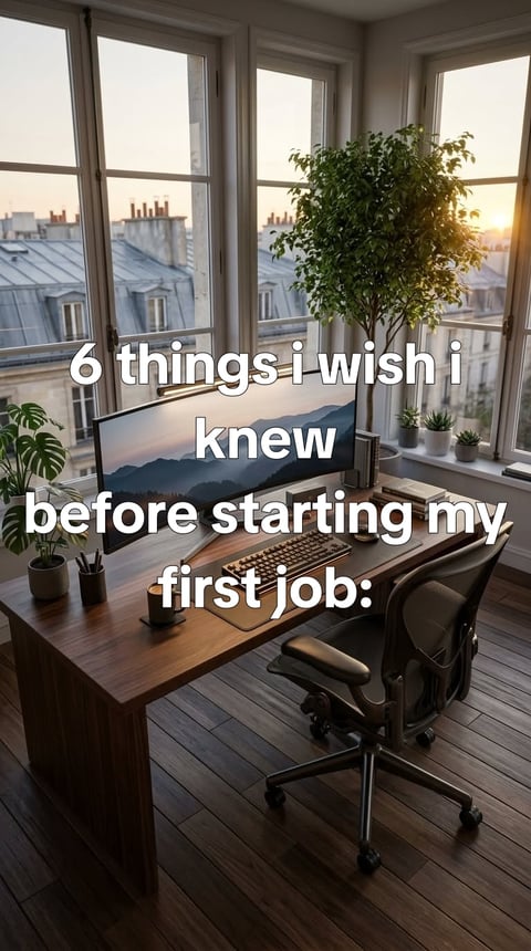 6 things I wish I knew before my first job - office details, lanyard on a desk, first-day notebook, lift lobby, muted co — slide 1 of 7