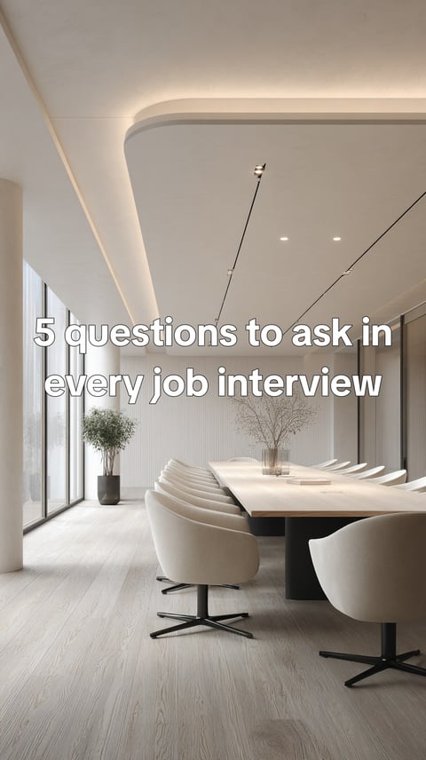 Questions to ask in every interview - clean meeting-room stills, two chairs, glass wall, notepad and pen, neutral greys, — slide 1 of 7