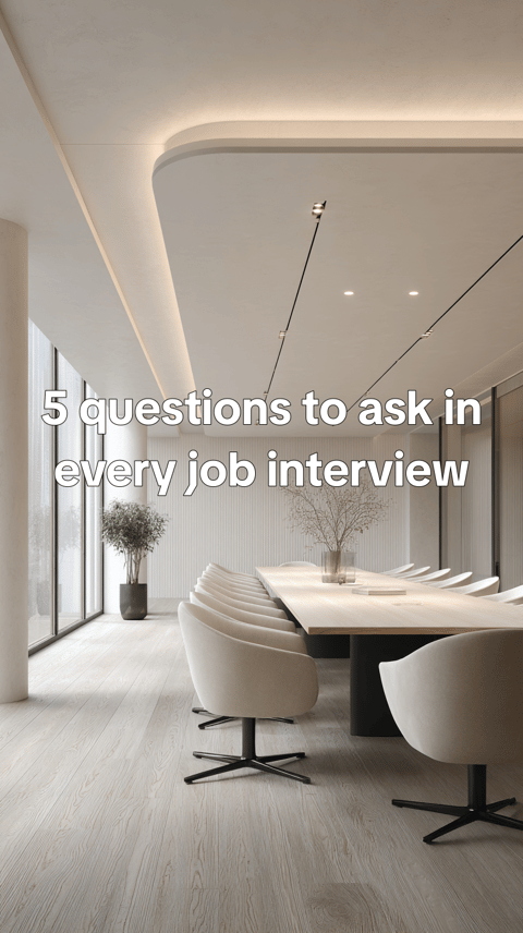 Questions to ask in every interview - clean meeting-room stills, two chairs, glass wall, notepad and pen, neutral greys, — slide 1 of 7
