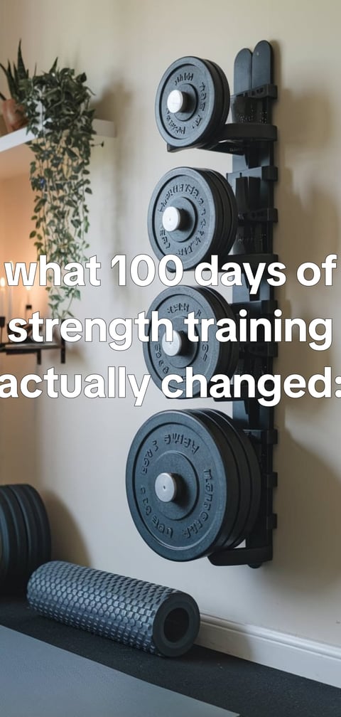 What 100 days of strength training actually changed - the same corner of a home gym across seasons, worn shoes, loaded b — slide 1 of 7