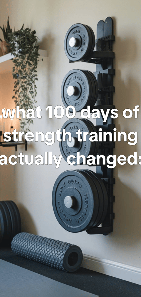 What 100 days of strength training actually changed - the same corner of a home gym across seasons, worn shoes, loaded b — slide 1 of 7