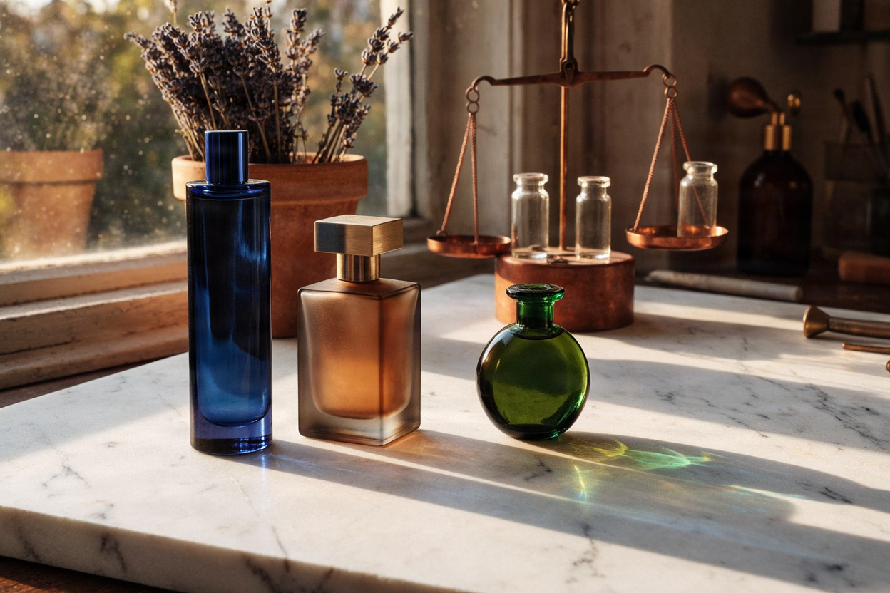 Image made with Fibo 2.0: A sunlit perfumer's workbench at golden hour, seen from a low angle: from left to right stand a tall cobalt-blue glass bottle, a frosted amber bottle with a brushed-brass cap, and a small round emerald-green bottle, each casting a coloured shadow across a white Carrara marble top. Behind them, dried lavender in a terracotta pot and a copper scale holding three glass vials, soft out of focus.