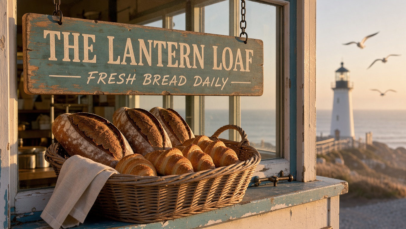 Image made with FLUX 3 Image: A hand-painted wooden sign hanging outside a seaside bakery at golden hour. The sign reads "THE LANTERN LOAF" in elegant cream serif letters, with "FRESH BREAD DAILY" in smaller script beneath. Below it, a woven basket of crusty sourdough loaves and flaky croissants sits on a weathered sky-blue windowsill; sea mist, a lighthouse and gulls soft in the background.