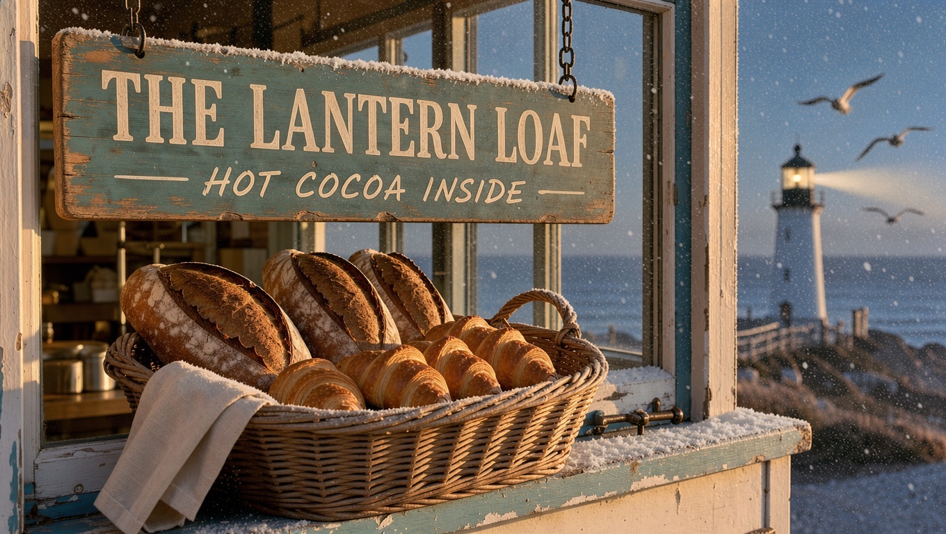 Image made with FLUX 3 Image Edit: Turn this scene into a snowy winter evening: fresh snow piled on top of the sign, the windowsill and the rim of the basket, gentle snowflakes falling, deep blue dusk sky with the lighthouse beam glowing, warm golden lamplight spilling from inside the bakery window. Change the small second line on the sign to read "HOT COCOA INSIDE".