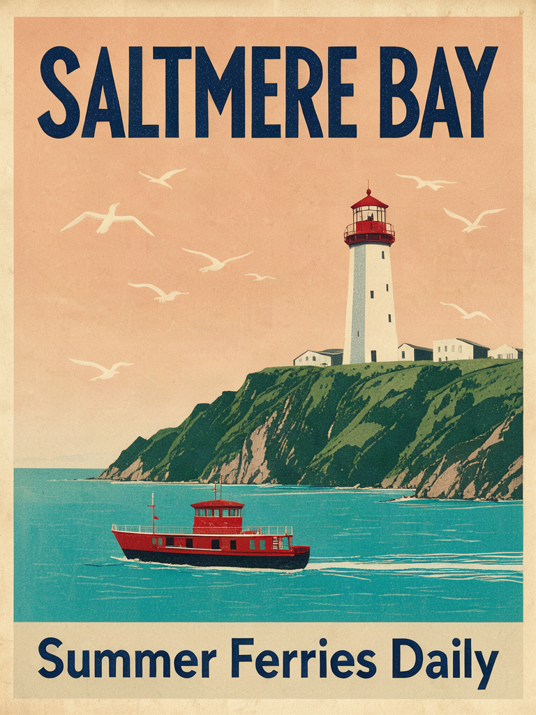 Image made with FLUX 3 Image Klein: Vintage screen-print travel poster for a fictional seaside town: bold Art Deco lettering across the top reading "SALTMERE BAY" and smaller lettering at the bottom reading "Summer Ferries Daily". A white lighthouse on green cliffs, a small red ferry crossing turquoise water, gulls in a pale peach sky, flat limited colour palette, crisp paper texture