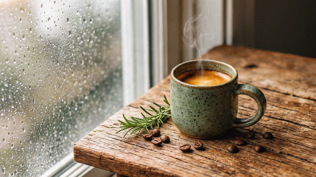 Image made with Krea 3: Editorial product photograph of a hand-thrown ceramic coffee mug in a speckled sage-green glaze on a weathered oak table beside a rain-streaked window, soft morning light, a thin curl of steam rising from fresh espresso, a sprig of rosemary and scattered coffee beans, shallow depth of field, gentle film grain, warm and calm mood