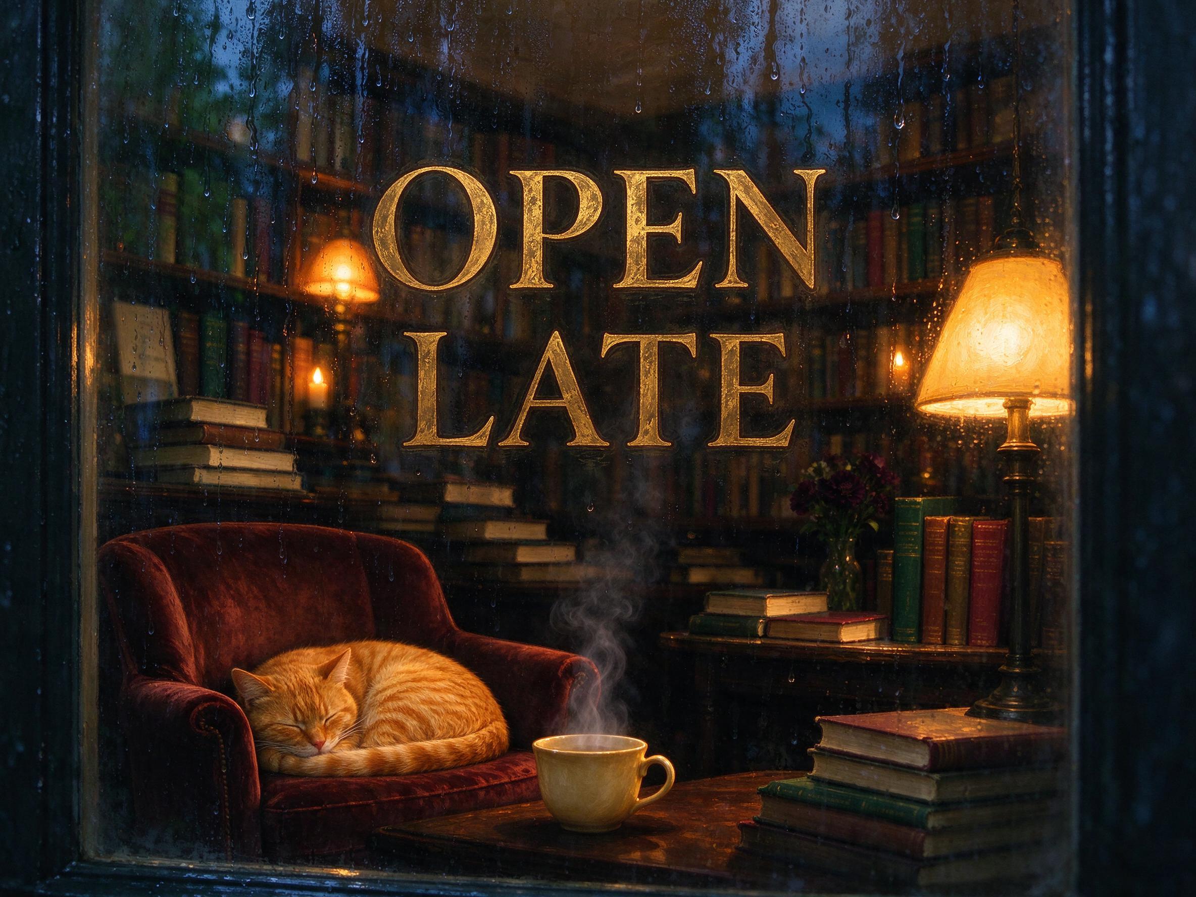 Image made with Seedream 5.0 Flash: A cosy corner bookshop café on a rainy evening, seen through a fogged window: warm amber lamps, stacked hardcover books, a ginger cat asleep on a velvet armchair, steam rising from a ceramic cup. Hand-painted gold lettering on the glass reads "OPEN LATE". Cinematic, shallow depth of field, rich colour.